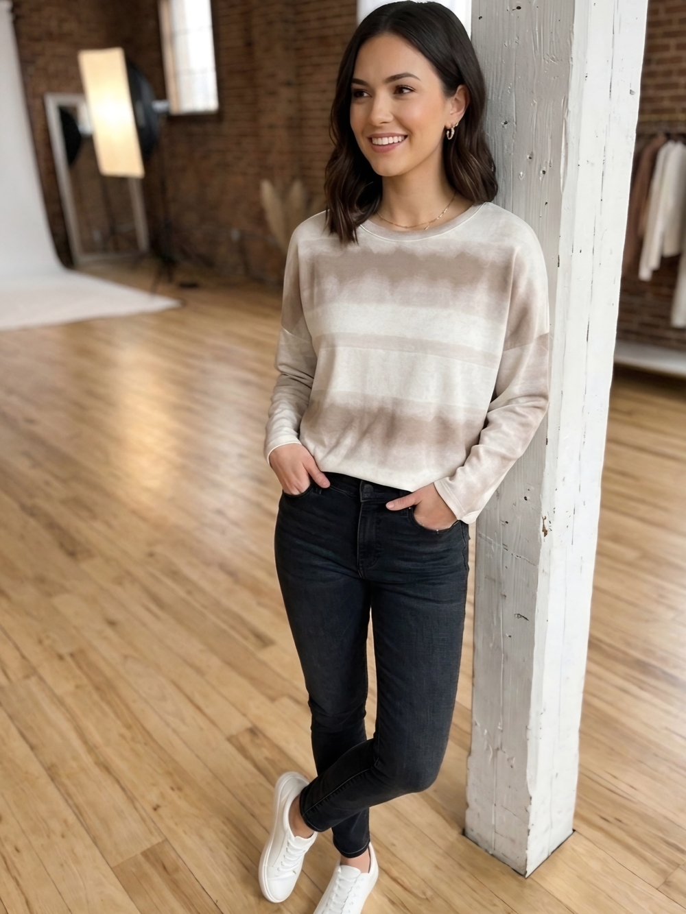 Grey & Gray Striped Long-Sleeve Crewneck Sweatshirt in Light Taupe - Picture 2 of 9